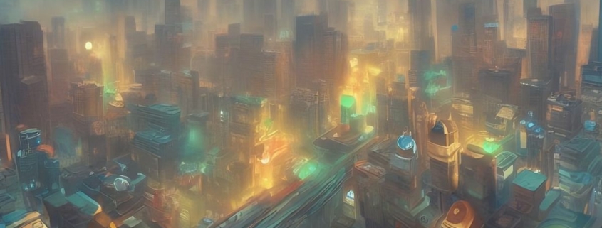 A misty cityscape designed by AI.