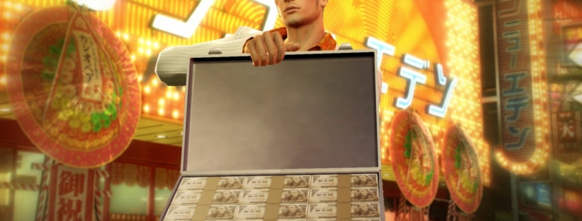 An image of Kiryu from Yakuza 0 presenting the camera a briefcase full of cash.