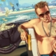 A man holding a gun drives a boat as money flies out the back in GTA Online