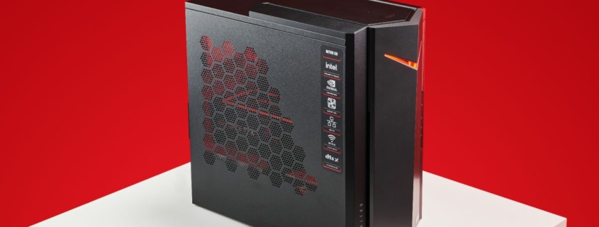 The Acer Nitro 50 gaming PC three quarter view.