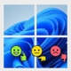 Thumbs up, down and meh emojis in front of a windows 11 logo.