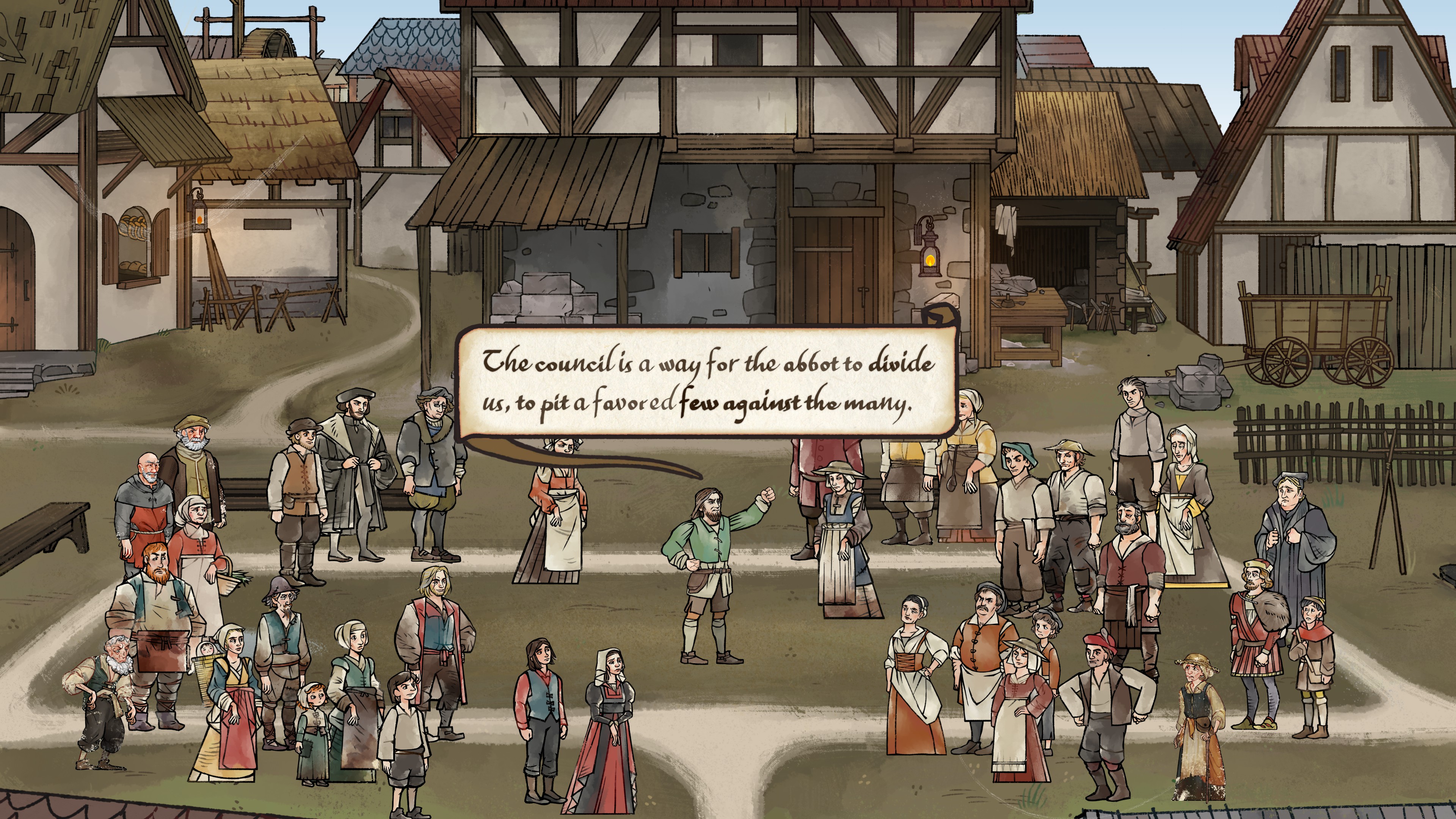 An image of Pentiment showing the residents of Tassing meeting in the town square.