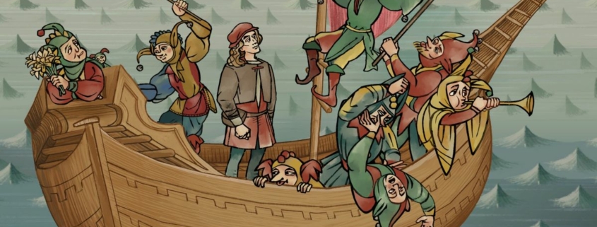 A screenshot of Pentiment showing Andreas on the ship of fools.