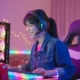 asian woman gamer wearing headset is chatting with player while playing in online video game at home