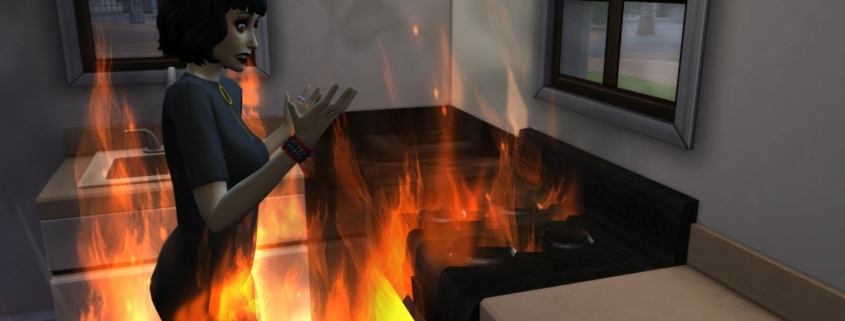 A house on fire in the Sims