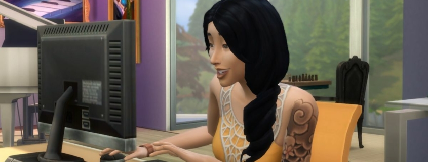 The Sims 4 - A sim plays on a computer with a smile