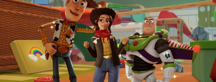 Woody and Buzz standing either side of the main character in Disney Dreamlight Valley.