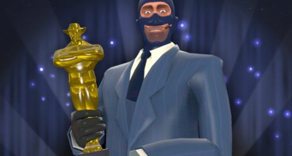 The Spy from Team Fortress 2 holding a Saxxy award.