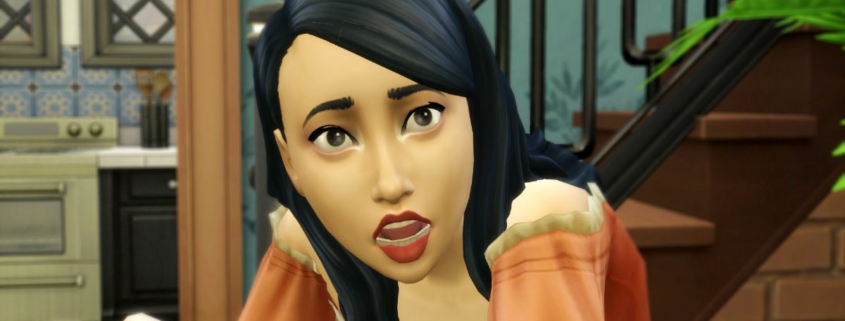 A close up of a female sim in The Sims 4 with medium-length black hair and an off-the-shoulder orange top. She