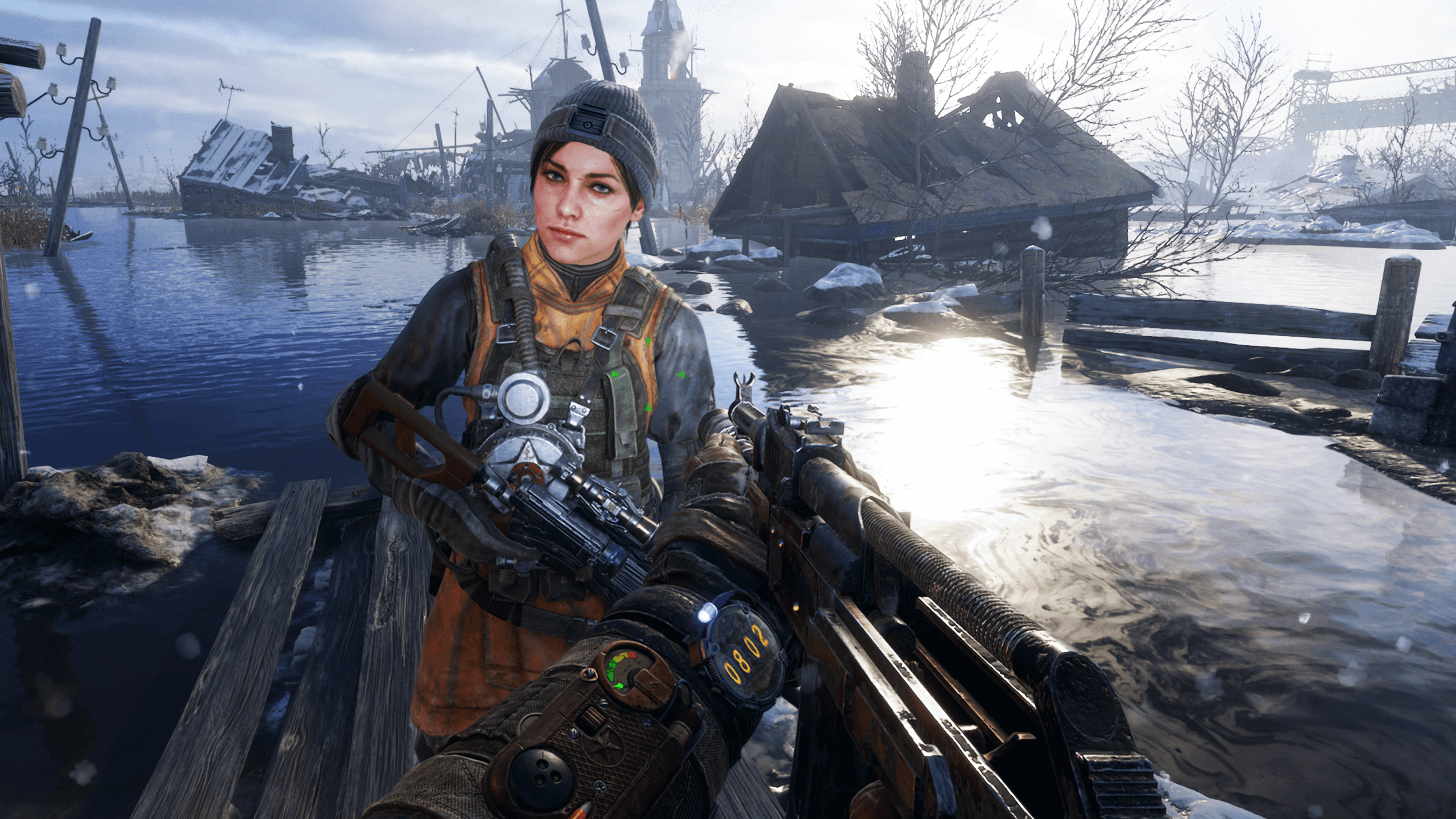 A woman stands on a raft in floodwaters in this Metro Exodus screenshot.