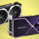 Two of the best graphics cards from top down and side on view, on a pastel yellow background