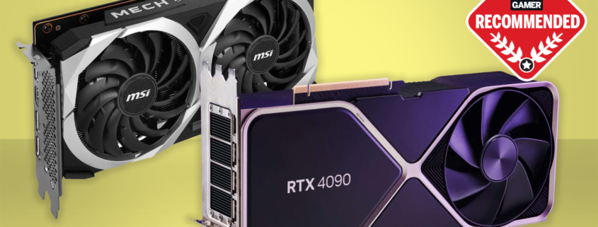 Two of the best graphics cards from top down and side on view, on a pastel yellow background