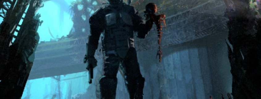Marathon Guy standing in a blue lit room holding a skull with spine still attached.