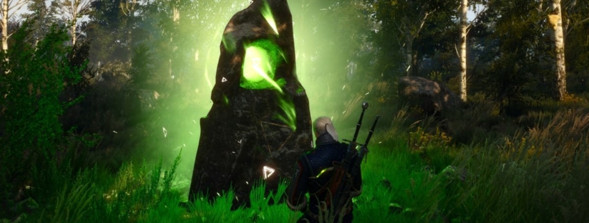 The Witcher 3 - Geralt kneels in front of a large stone glowing with the power of Axii