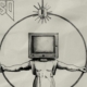 sketch of a man in a circle with a CRT monitor head and a dangling mouse above, text in upper left corner reading