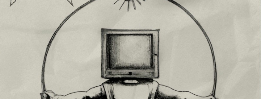 sketch of a man in a circle with a CRT monitor head and a dangling mouse above, text in upper left corner reading