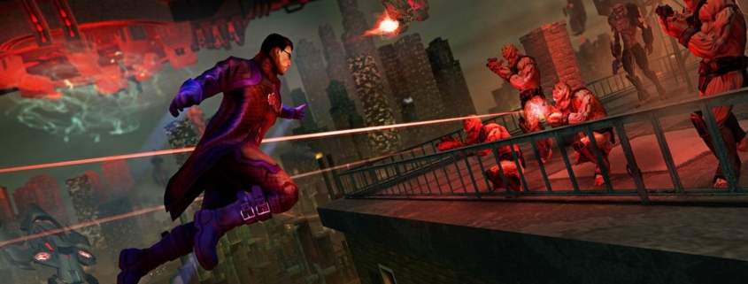 Free Epic Games — In Saints Row IV Reelected, the presidential player character leaps towards combat with a squad of alien soldiers.