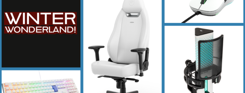 An image showing the gaming chair, mouse, keyboard, and microphone available in the Winter giveaway.