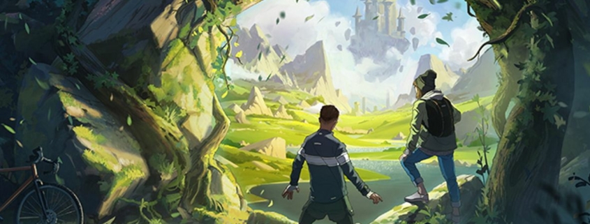 Two young figures look over a lush fantasy landscape which includes a floating castle. Behind them, a dark path leads to a city of modern skyscrapers.