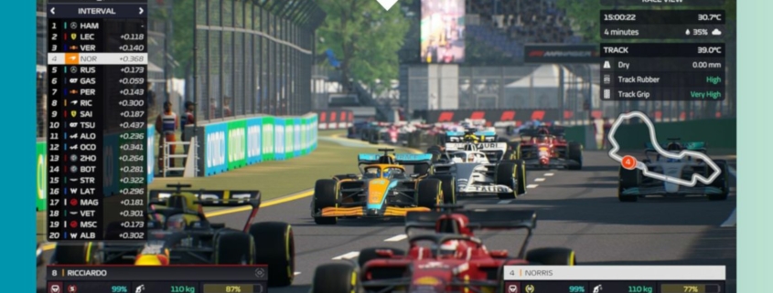 F1 Manager gameplay screen showing cars racing