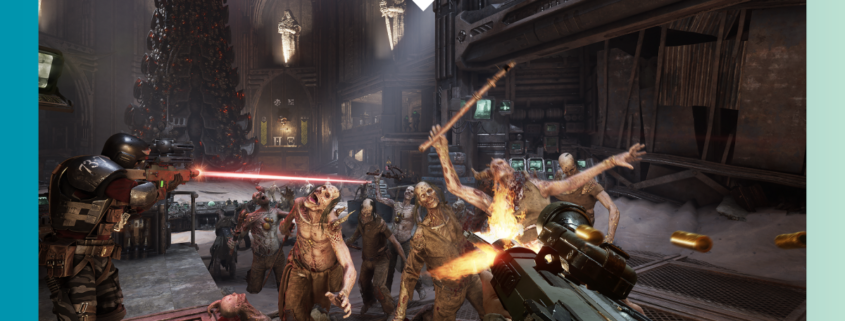 A screenshot of the game Warhammer 40,000: Darktide showing the player shooting a crowd of enemies