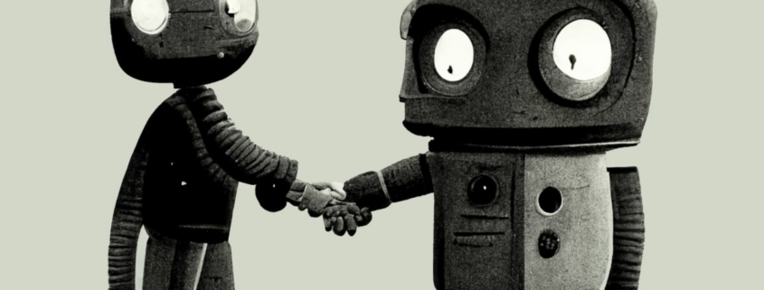 Two robots shaking hands.