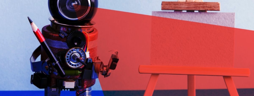 A robot with a camera head holding a pencil next to an easel.