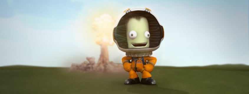 An image of Jebediah Kerman from Kerbal Space Program, standing in front of a detonating rocket.