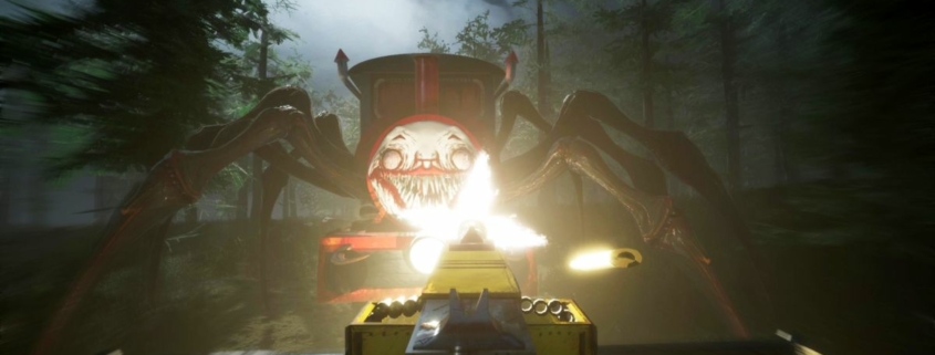 A train with a clown face and spider legs