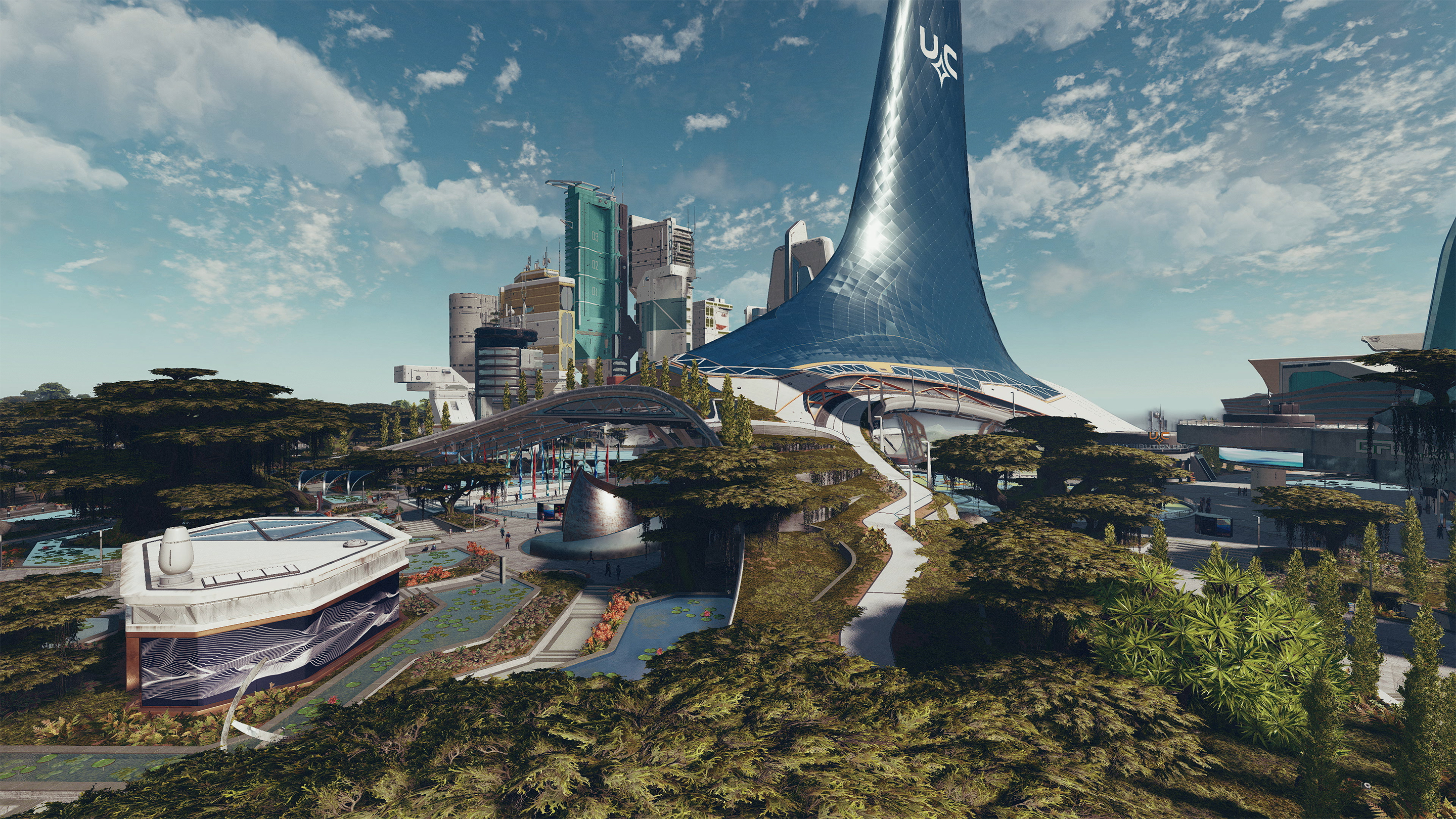 Starfield cities - New Atlatis sky view of green treetops, waterways, and glass skyscrapers.