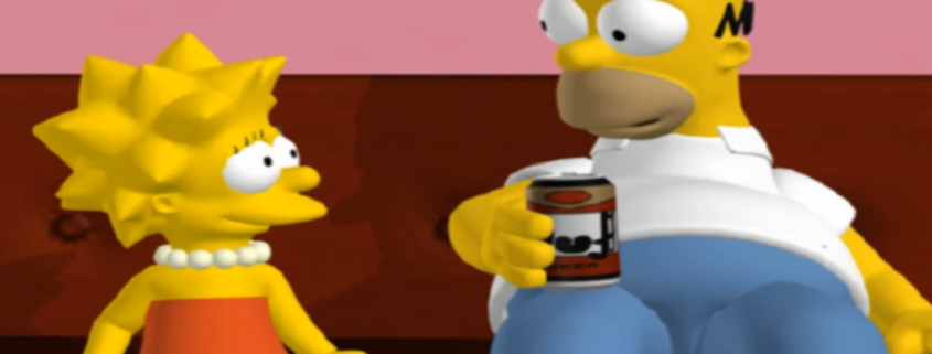 3D videogame versions of Homer and Lisa Simpson sit on the couch in a screenshot from The Simpsons: Hit & Run.