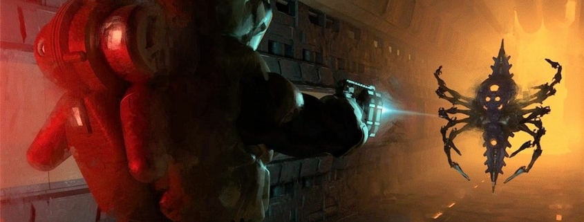 Apotheosis X hero art with marine blasting a floating alien in a dark, yellow-lit hallway