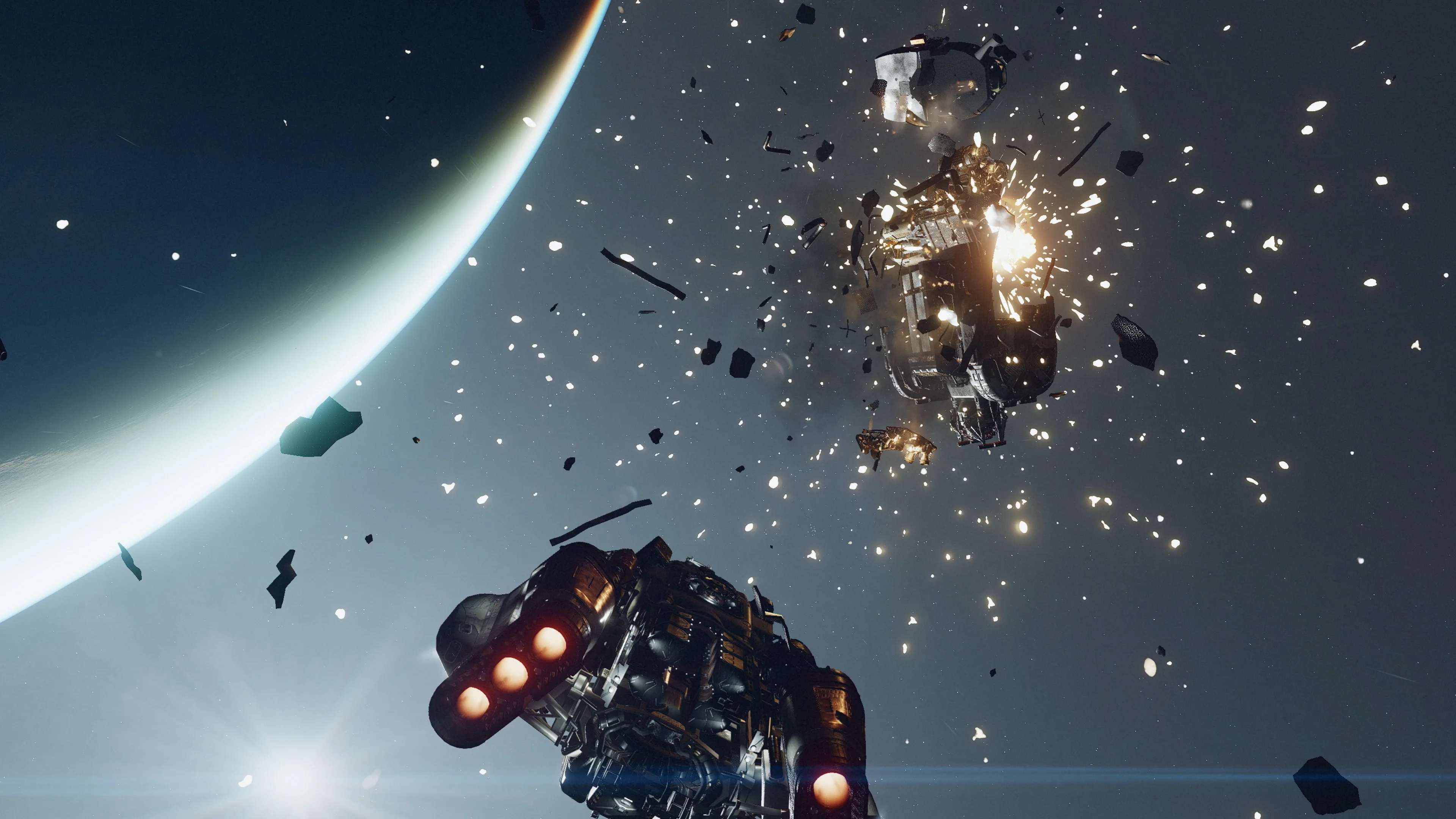 Starfield ship combat - a space ship explodes into pieces as another ship looks on outside the orbit of a planet.