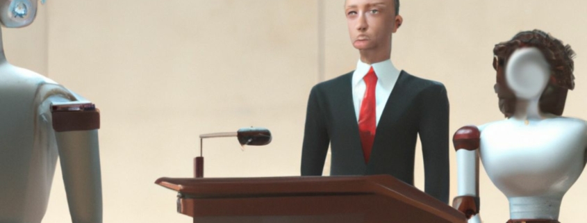 Dall E impression of what a robot lawyer would look like in court.