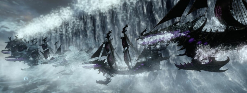 A fleet of ships are caught in a gigantic wave