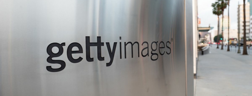 Close-up of logo on sign at the regional office of media licensing company Getty Images in downtown Los Angeles, California, October 24, 2018.