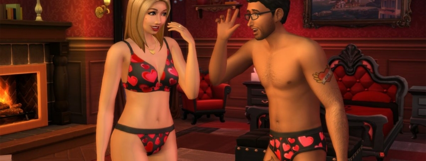 The Sims 4 kit Simtimates collection - two sims wearing plack undergarments with red hearts on them