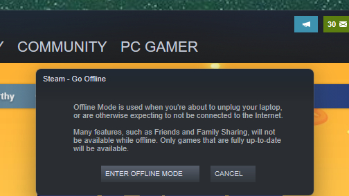 Steams offline mode warning.