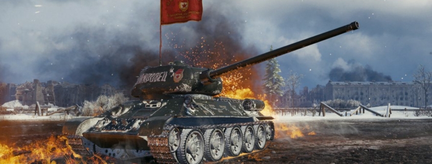 A soviet tank waving a banner against an explosion