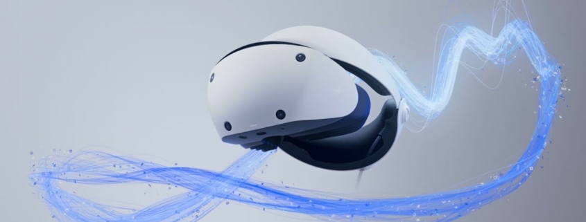 Sony PSVR2 headset with blue tech wave surrounding it.