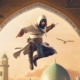 An assassin wearing a hood and wielding a dagger, leaping over a crowd.