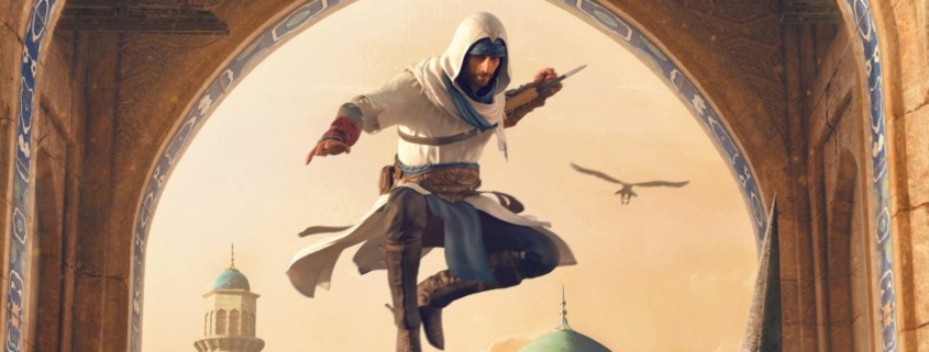 An assassin wearing a hood and wielding a dagger, leaping over a crowd.