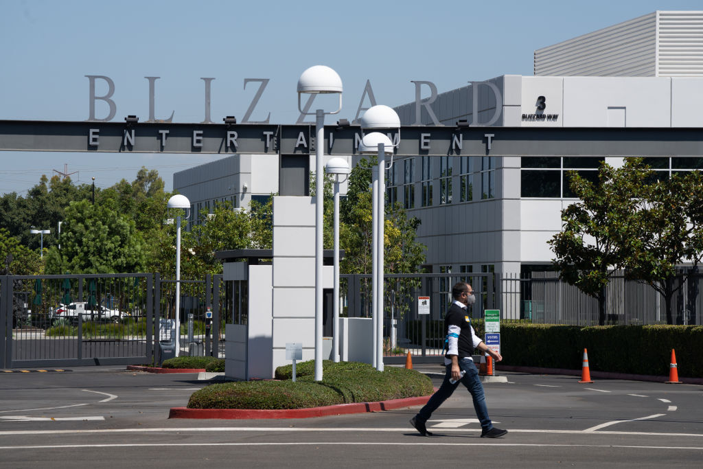 An image of the front gate to Blizzard's corporate headquarters in Irvine, California.