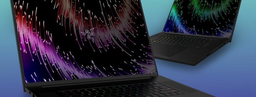 The Razer Blade 18 and Razer blade 16 side by side on a green and purple gradient backgound.