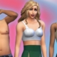 Three sims in a line, one with top surgery scars, one wearing a bra, and one wearing a binder.