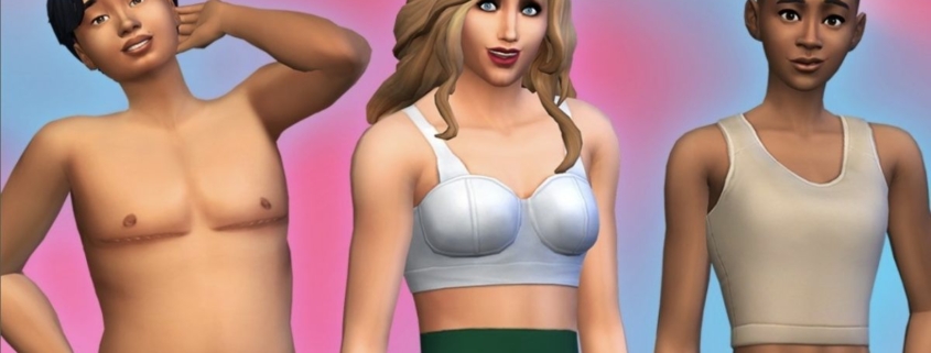 Three sims in a line, one with top surgery scars, one wearing a bra, and one wearing a binder.