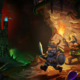 Three dwarves venture into a cave, wielding torches, swords, and mining equipment.