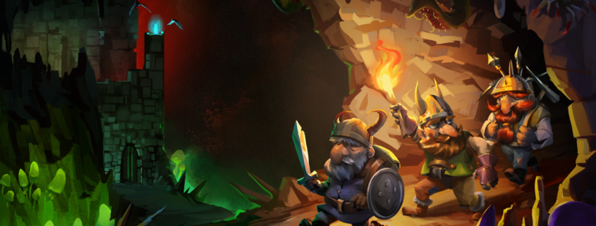 Three dwarves venture into a cave, wielding torches, swords, and mining equipment.