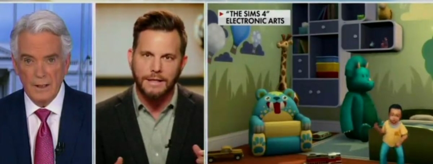 John Roberts and Dave Rubin on Fox News as talking heads next to screenshot of The Sims 4