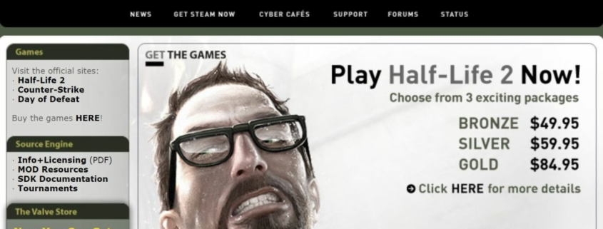 Image of Steam Homepage circa May 2005 with squashed, crowded web design, prominent image of Gordon Freeman struggling with a tentacle around his neck, adverts for Condition Zero and the HL2 art book, and other artifacts of the era.